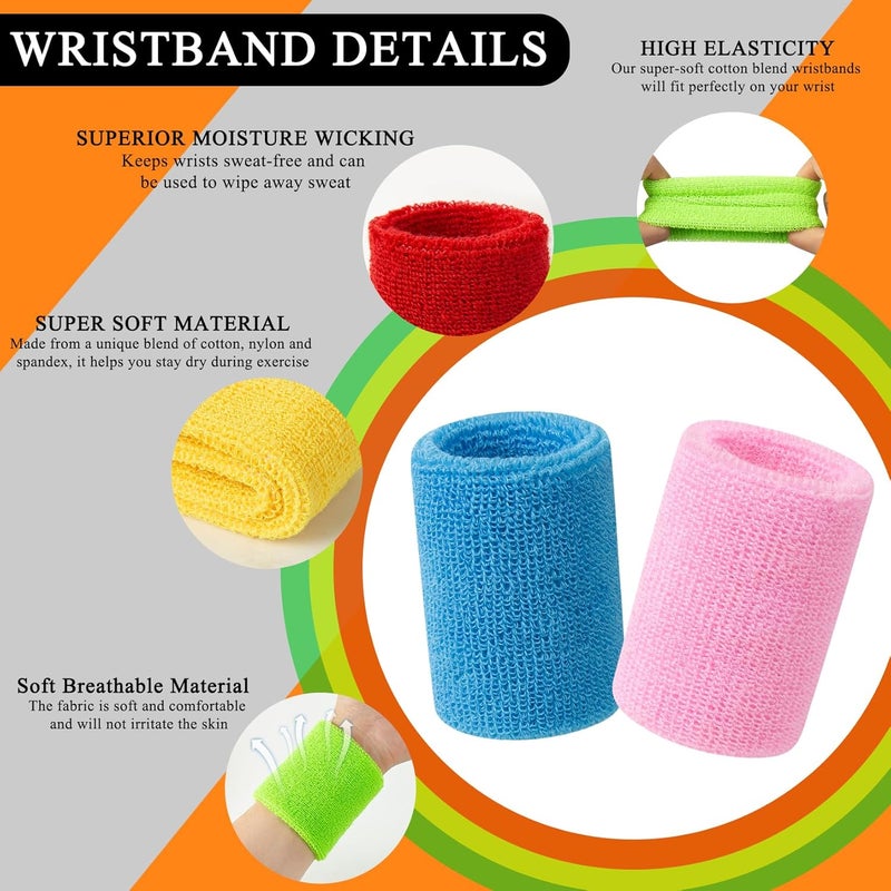ONLYFU 48PCS Neon Sweatbands, Colorful Sport Headband Wristband Set for Kids, Breathable Terry Cloth Athletic Sweat Bands for Basketball Tennis Running Football, Multicolor - Image 4